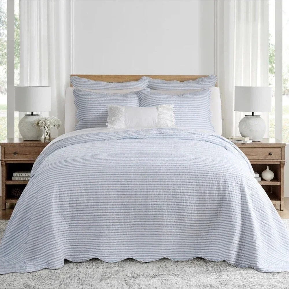Levtex Home Martha Stripe Blue Bedspread Set King/Cal King Hard to Find